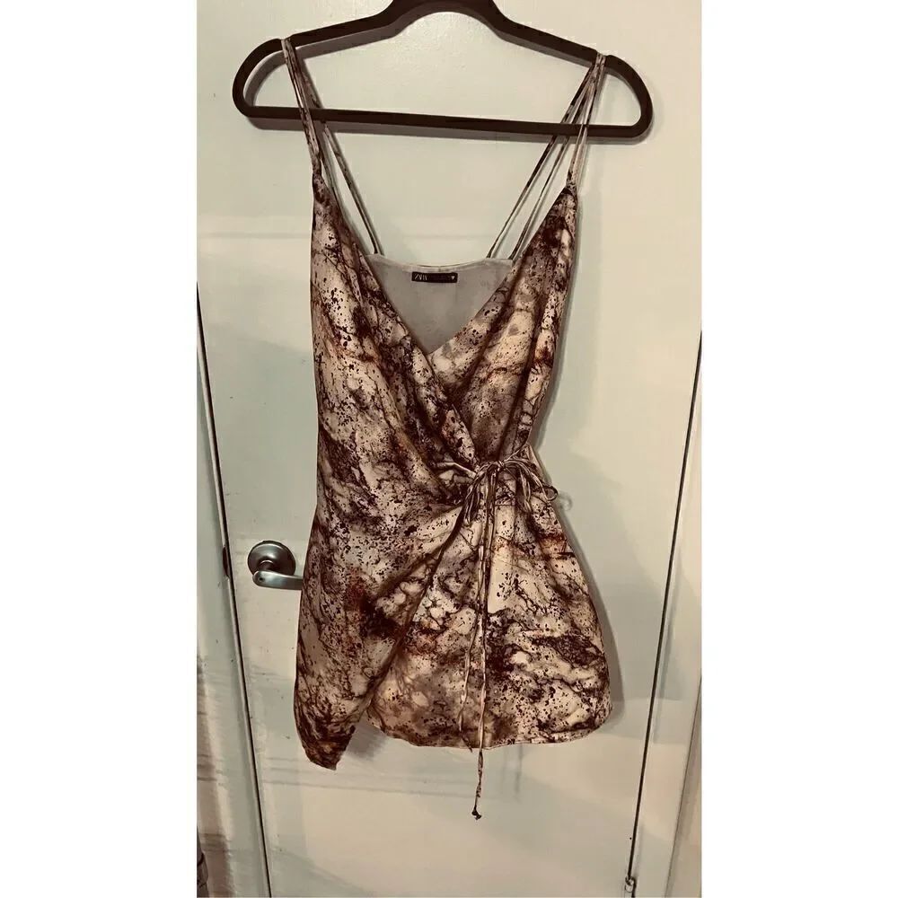 Zara Satin Effect Beige Orange Wrap Print Dress Size XS